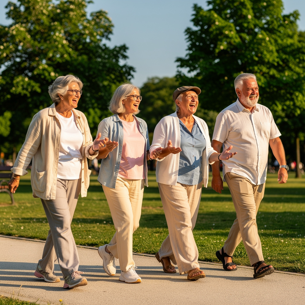 Group of smiling Croatian seniors walking together in a sunny park