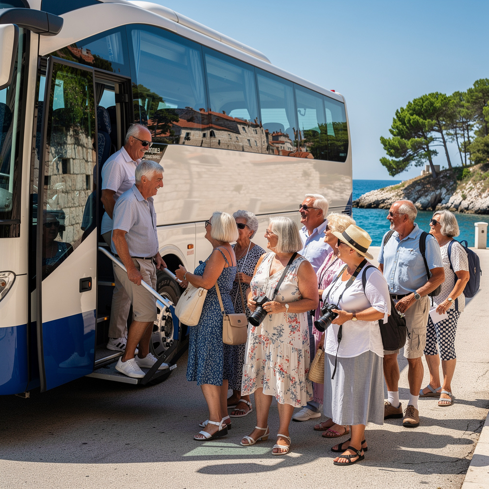 Croatian seniors boarding a bus for a group excursion