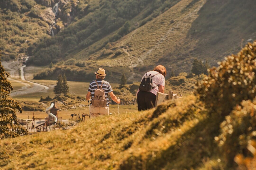 seniors hiking in mountains